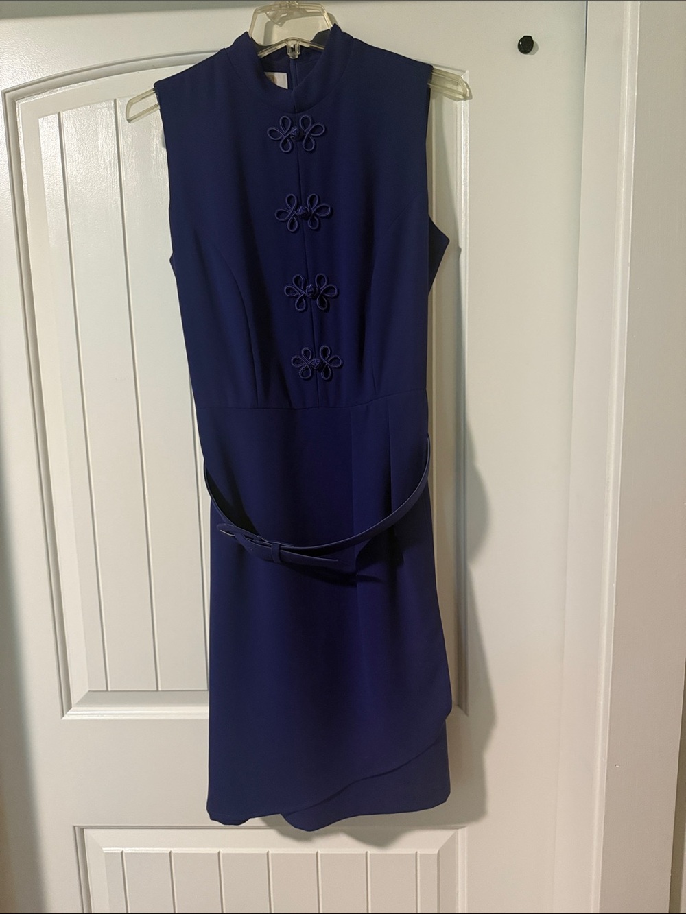 Sleeveless Navy Mini Dress with Decorative Front Knots and Belt